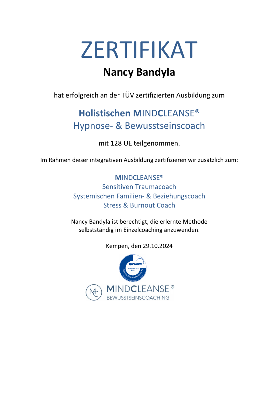Mindcleanse® Zertifikat für Nancy Bandyla vom 29. Oktober 2024